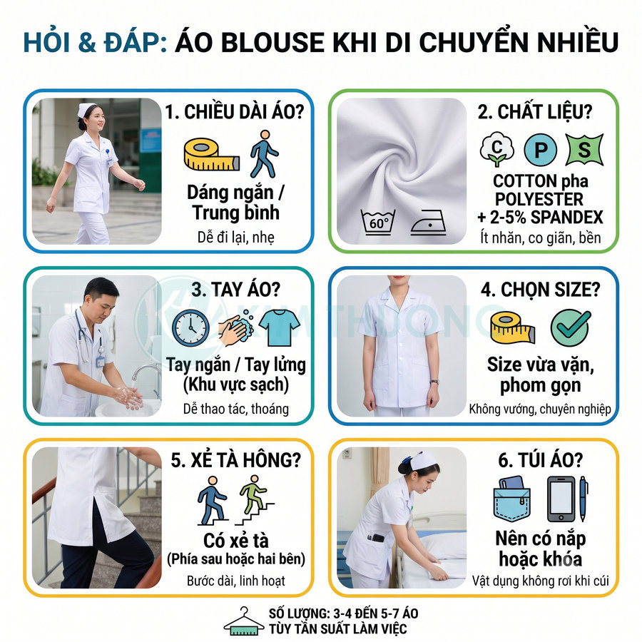 Áo blouse y tá màu trắng tay ngắn chất liệu cotton pha polyester co giãn, dáng ngắn xẻ tà, nhiều túi tiện dụng
