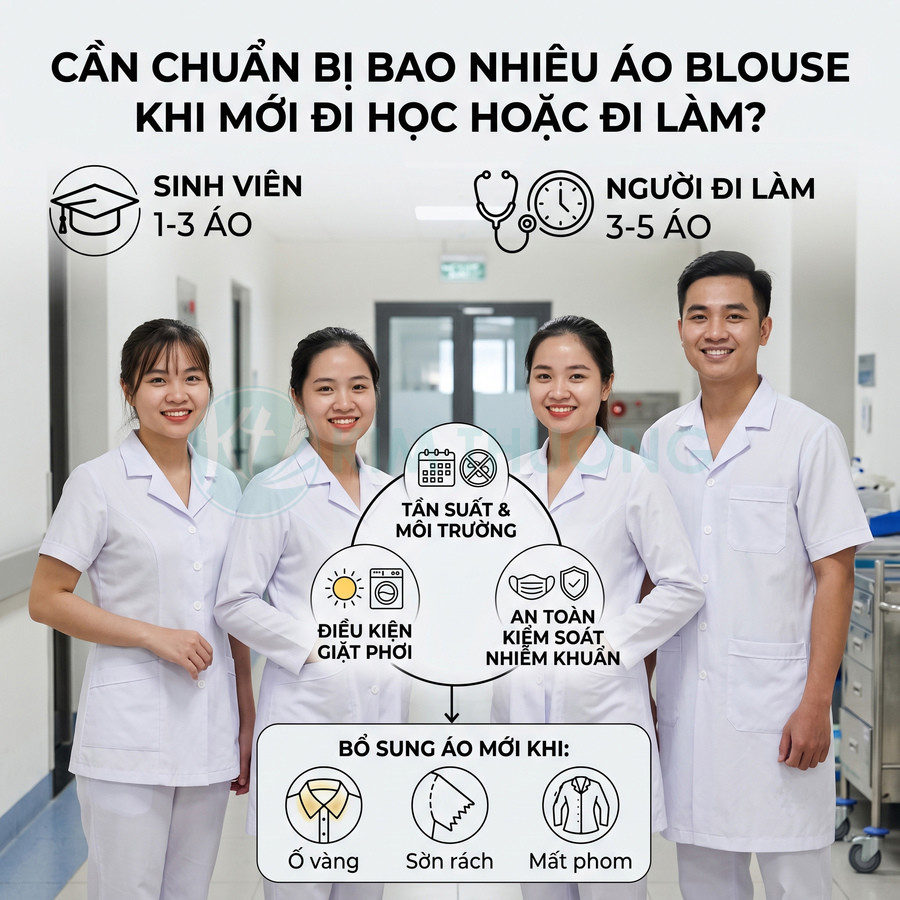 Nhóm sinh viên và nhân viên y tế mặc áo blouse trắng đứng trong hành lang bệnh viện