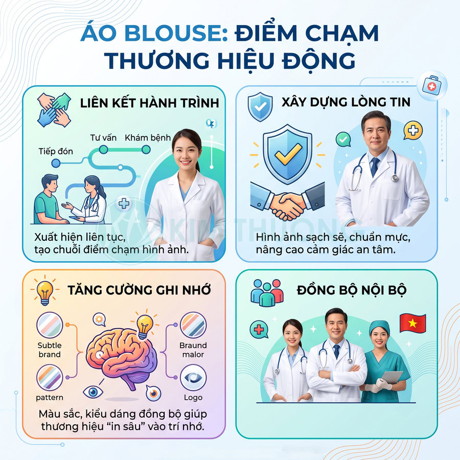 Infographic áo blouse y tế với bác sĩ, điều dưỡng minh họa vai trò xây dựng thương hiệu bệnh viện