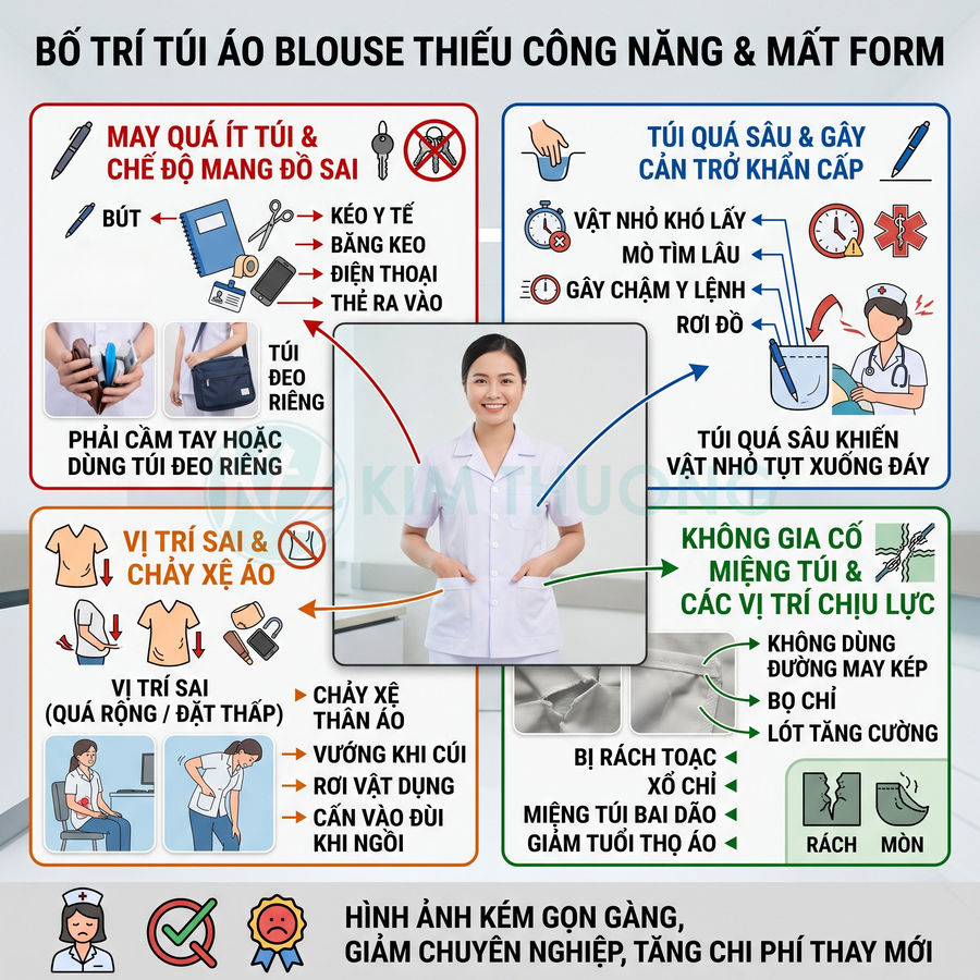 Infographic mô tả nhược điểm thiết kế túi áo blouse y tá với vị trí sai, túi quá sâu và dễ rách, làm áo mất form