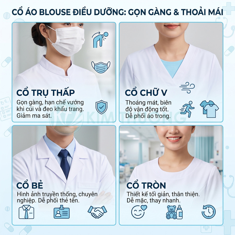 Các kiểu cổ áo blouse điều dưỡng gồm cổ trụ thấp, cổ chữ V, cổ bẻ và cổ tròn gọn gàng thoải mái