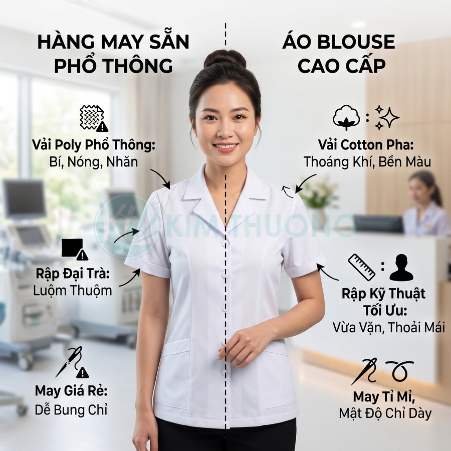 So sánh áo blouse y tá may sẵn và áo blouse cao cấp vải cotton pha trên người mẫu nữ trong phòng khám