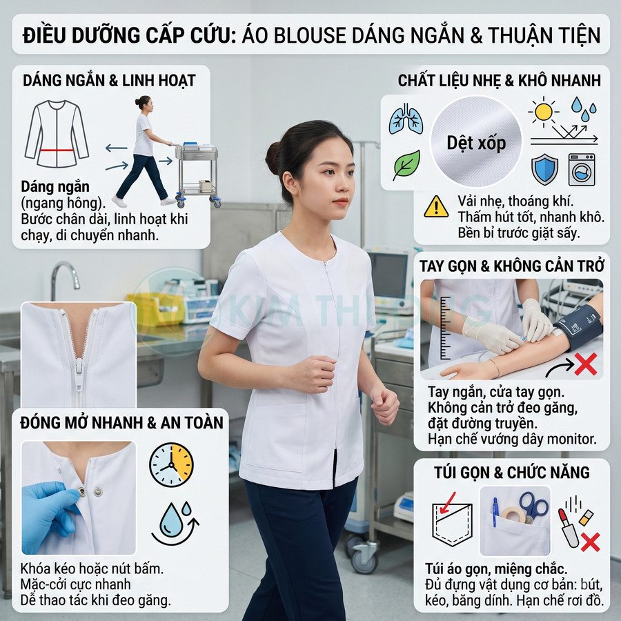 Áo blouse y tá dáng ngắn màu trắng chất liệu nhẹ, tay ngắn, khóa kéo trước, có túi nhỏ tiện dụng trong phòng khám