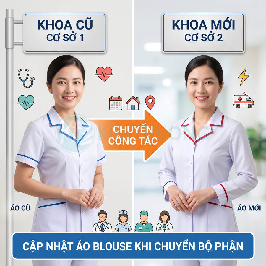Nữ y tá mặc áo blouse cũ viền xanh và áo blouse mới viền đỏ khi chuyển công tác giữa hai khoa