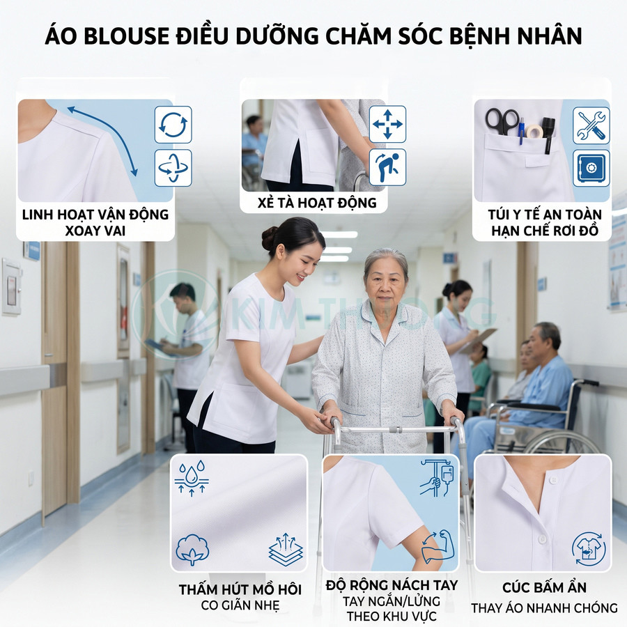 Áo blouse điều dưỡng màu trắng có túi y tế, cúc bấm ẩn, chất liệu thấm hút mồ hôi hỗ trợ chăm sóc bệnh nhân