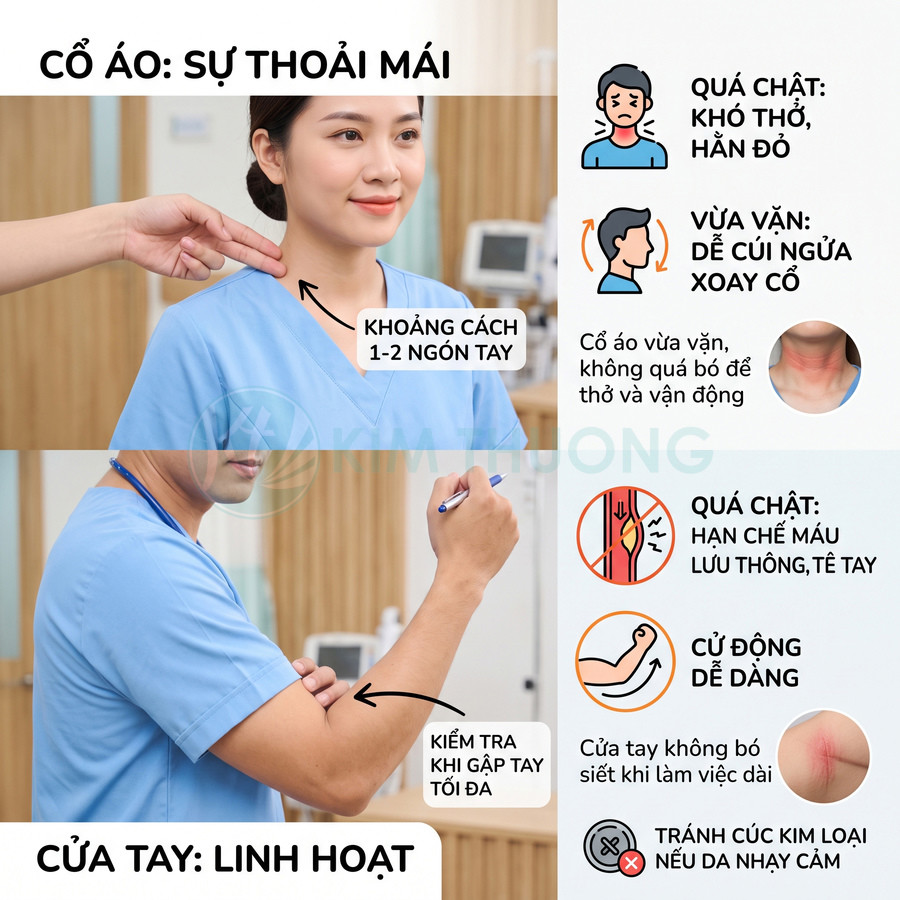 Đồng phục y tá màu xanh dương cổ tim và tay áo rộng rãi giúp cử động thoải mái, không bó sát cổ và khuỷu tay