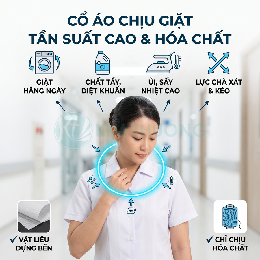 Đồng phục y tế cổ áo bền, chịu giặt tần suất cao, hóa chất tẩy rửa và nhiệt độ ủi sấy cao