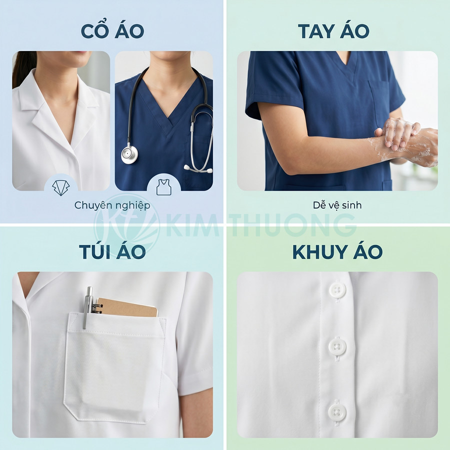 Chi tiết áo blouse y tá bác sĩ với cổ áo, tay áo, túi áo và hàng khuy cài màu trắng xanh navy