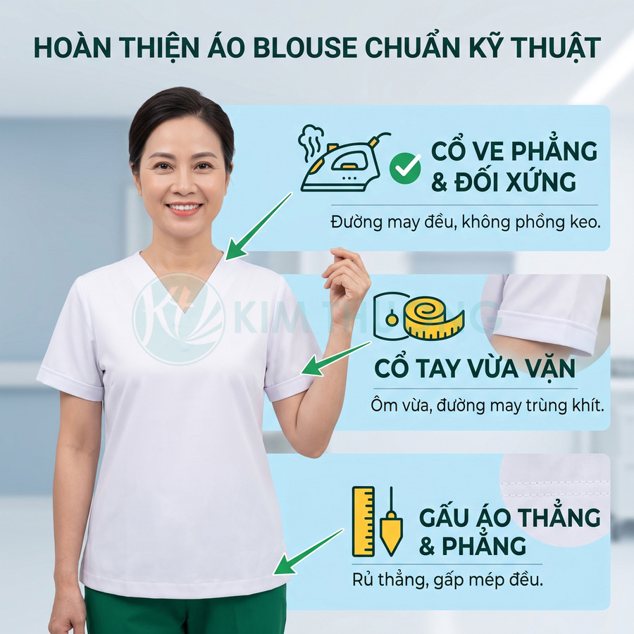 Áo blouse y tế nữ màu trắng cổ tim tay ngắn, form vừa vặn, đường may thẳng phẳng đẹp