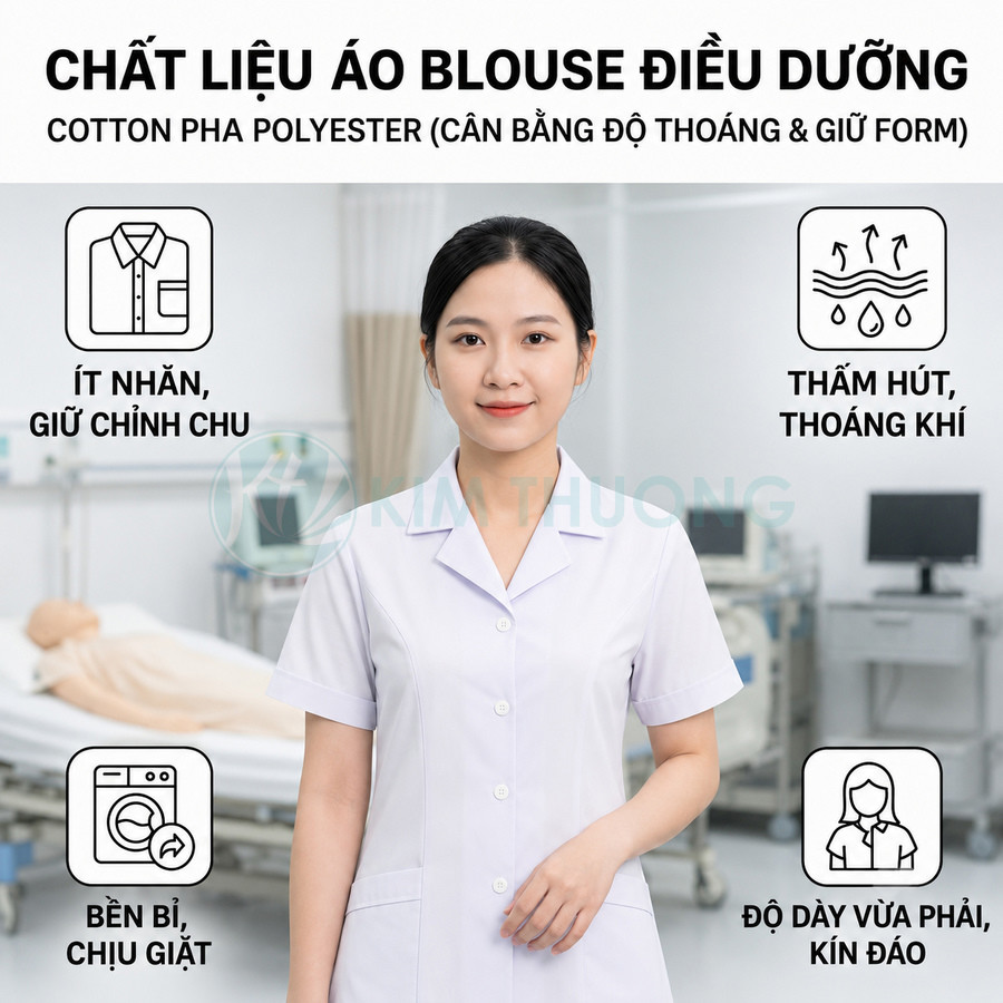 Áo blouse điều dưỡng nữ màu trắng chất liệu cotton pha polyester, ít nhăn, thấm hút tốt, bền và kín đáo