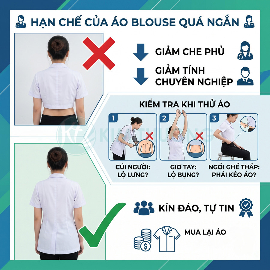 Hướng dẫn chọn áo blouse y khoa đủ dài, che kín lưng bụng khi cúi, giơ tay và ngồi, giúp mặc kín đáo chuyên nghiệp