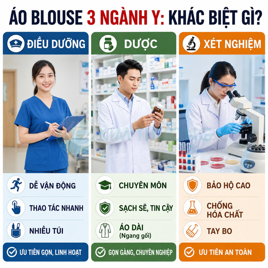 So sánh áo blouse điều dưỡng, dược sĩ và kỹ thuật viên xét nghiệm với ưu điểm và đặc điểm riêng từng ngành