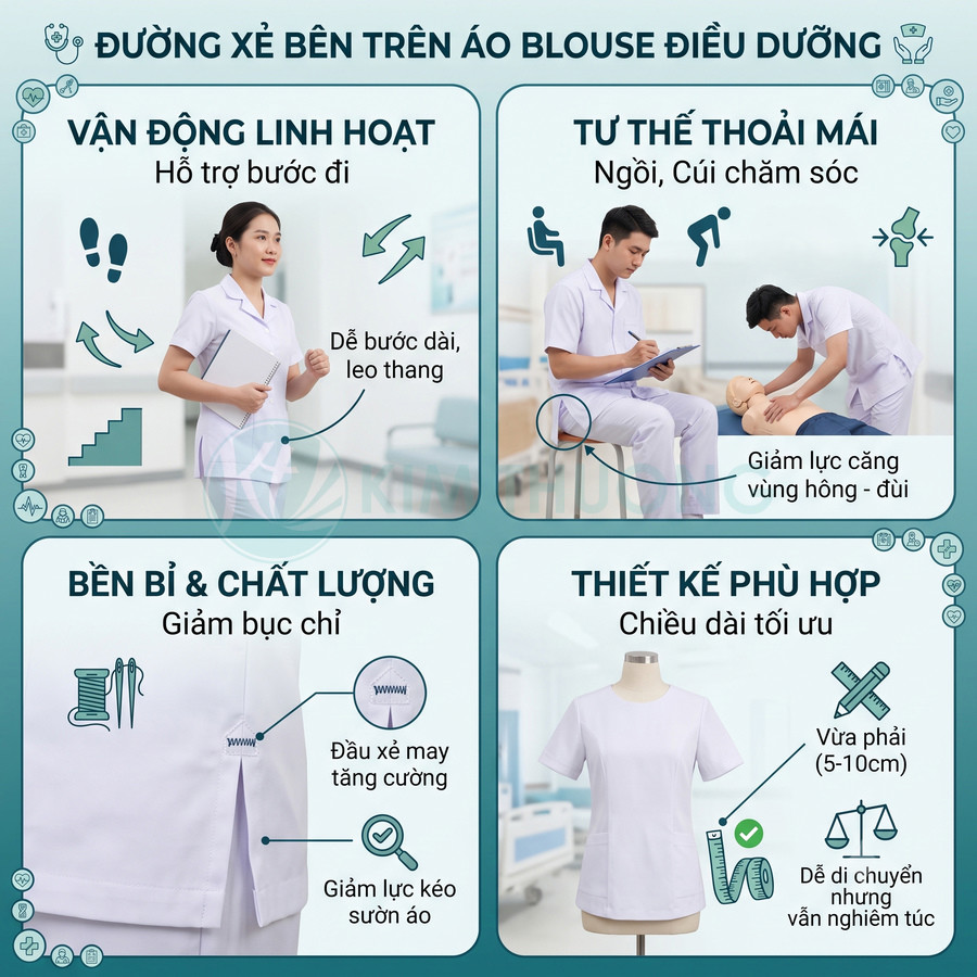 Áo blouse điều dưỡng trắng có đường xẻ bên hông giúp vận động linh hoạt, bền chắc và thiết kế chiều dài tối ưu