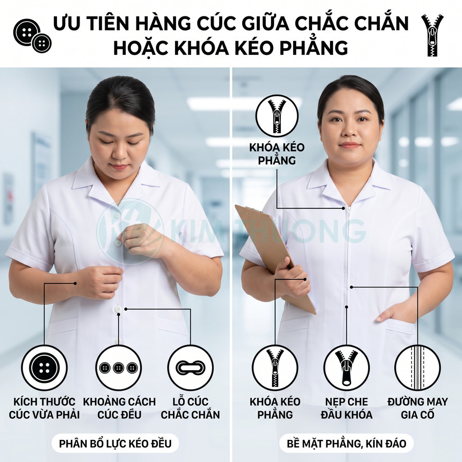Đồng phục y tá nữ màu trắng cài cúc và khóa kéo phẳng, thiết kế chắc chắn, đường may gia cố