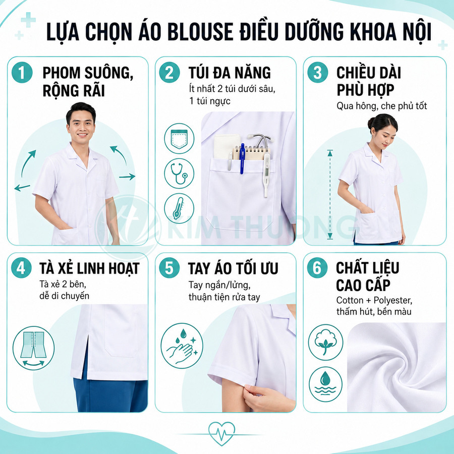Áo blouse điều dưỡng màu trắng phom suông rộng rãi nhiều túi, tay ngắn, xẻ tà, chất liệu cotton polyester cao cấp