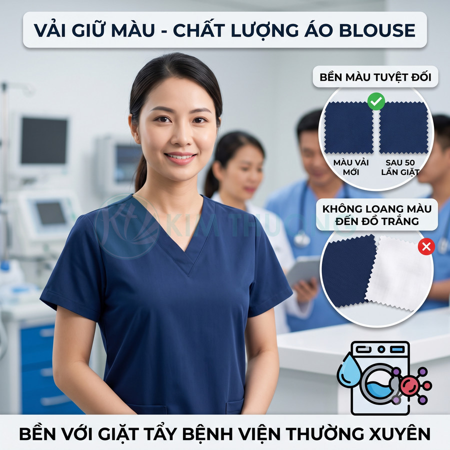 Nữ y tá mặc áo blouse xanh navy vải giữ màu tốt, không phai và không loang màu khi giặt tẩy nhiều lần