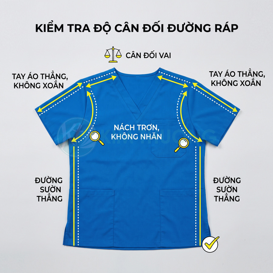 Áo blouse y tá màu xanh dương cổ tim, tay ngắn, hai túi trước, minh họa các đường may cân đối