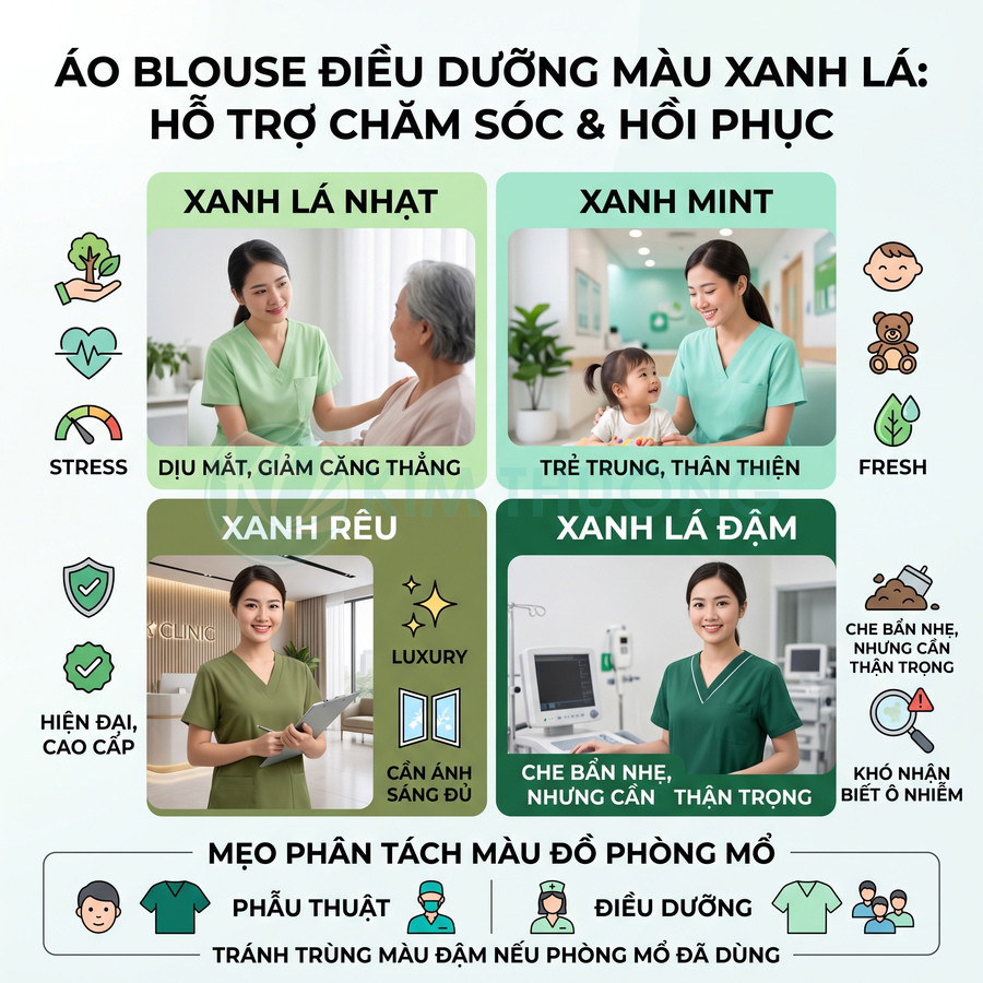 Áo blouse điều dưỡng màu xanh lá với các sắc độ khác nhau và gợi ý chọn màu phù hợp phòng khám, bệnh viện