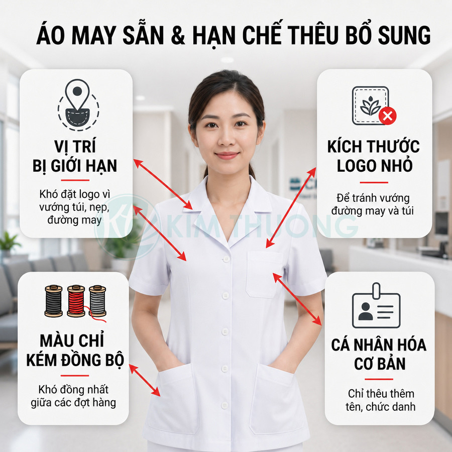 Đồng phục y tá màu trắng may sẵn với túi trước, minh họa hạn chế khi thêu logo và cá nhân hóa