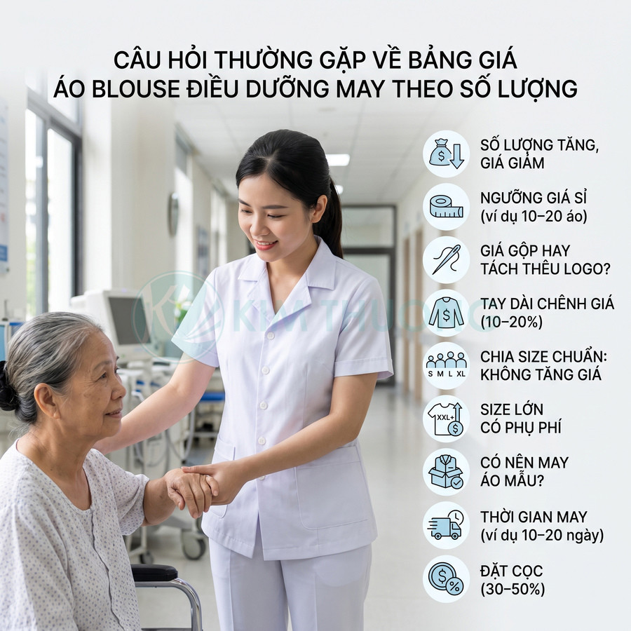Điều dưỡng mặc áo blouse trắng chăm sóc bệnh nhân lớn tuổi, kèm thông tin bảng giá may áo blouse theo số lượng