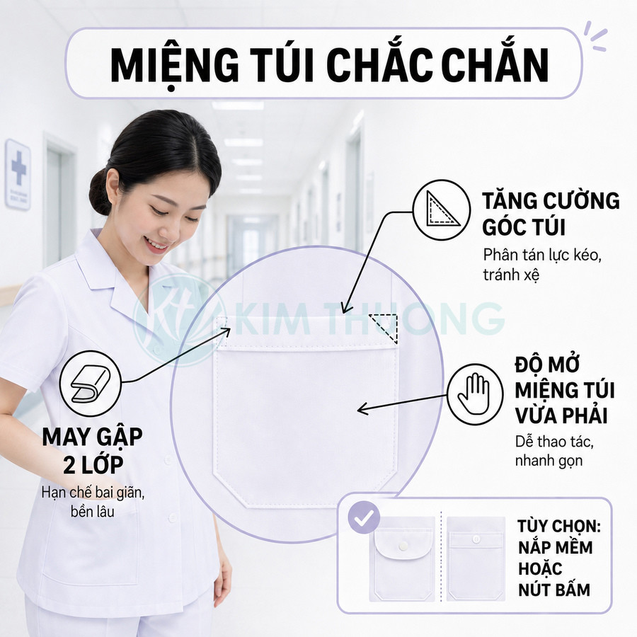 Đồng phục y tá trắng Kim Thương với túi áo may gập 2 lớp, miệng túi chắc chắn và tùy chọn nắp mềm hoặc nút bấm