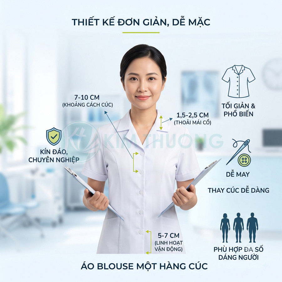 Áo blouse y tá trắng một hàng cúc thiết kế đơn giản kín đáo, nữ nhân viên y tế cầm hồ sơ trong phòng khám