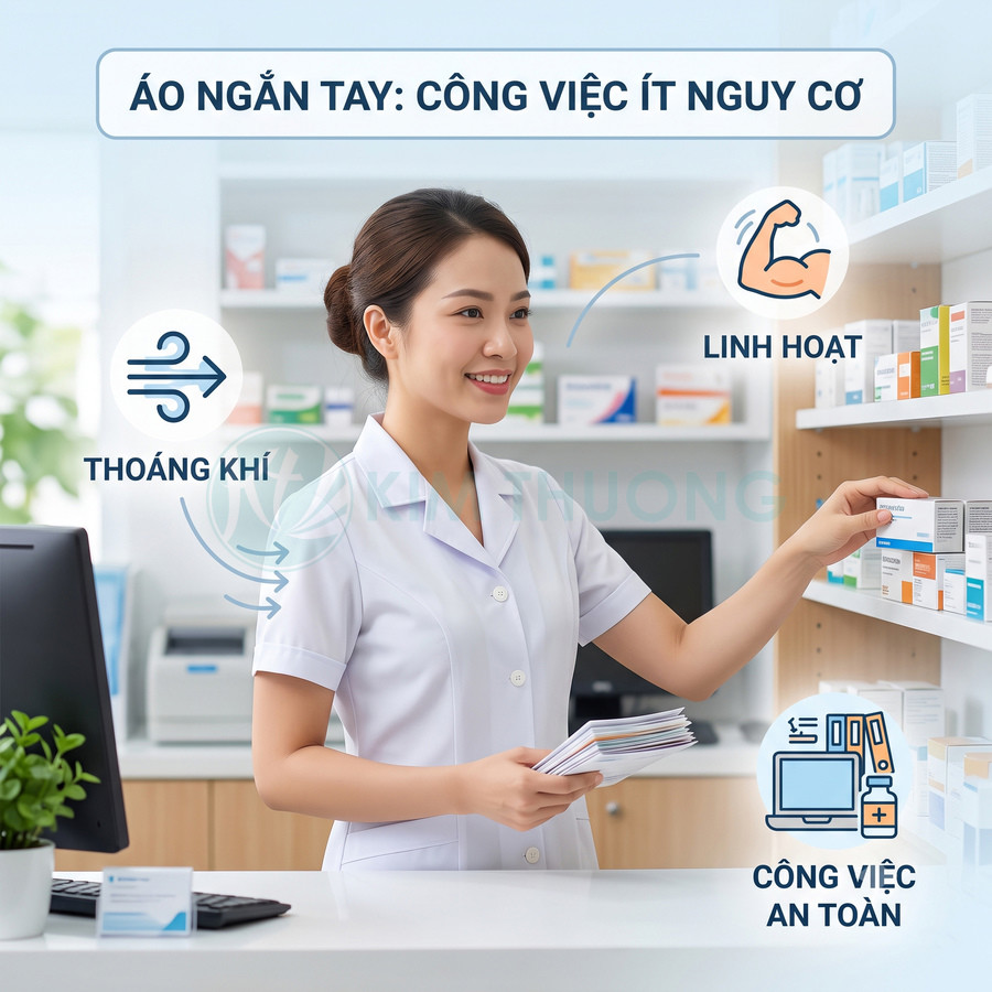 Nhân viên nhà thuốc mặc áo blouse ngắn tay màu trắng thoáng khí linh hoạt khi làm việc an toàn