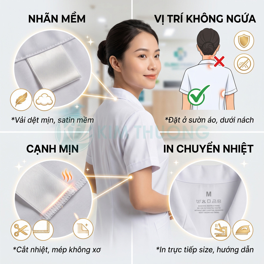 Đồng phục y tá nữ màu trắng với nhãn satin mềm, mép cắt nhiệt mịn và hướng dẫn in chuyển nhiệt trong áo