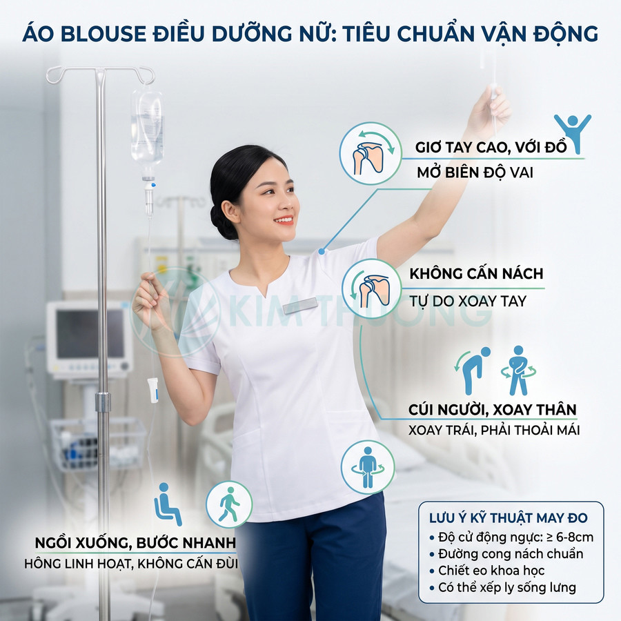 Áo blouse điều dưỡng nữ màu trắng form ôm, co giãn linh hoạt hỗ trợ vận động khi làm việc trong bệnh viện