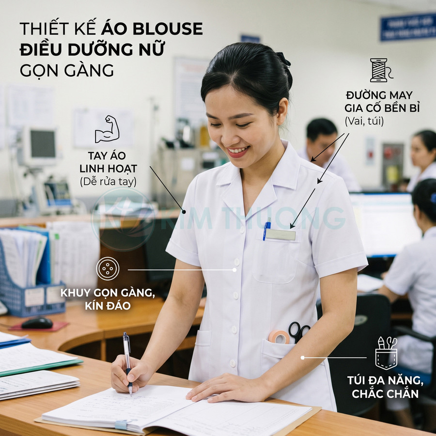 Áo blouse điều dưỡng nữ trắng gọn gàng với túi đa năng, khuy kín đáo, tay áo linh hoạt trong môi trường bệnh viện