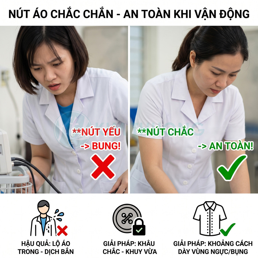 So sánh áo blouse nữ nút yếu dễ bung và áo blouse nút chắc an toàn khi vận động trong môi trường y tế