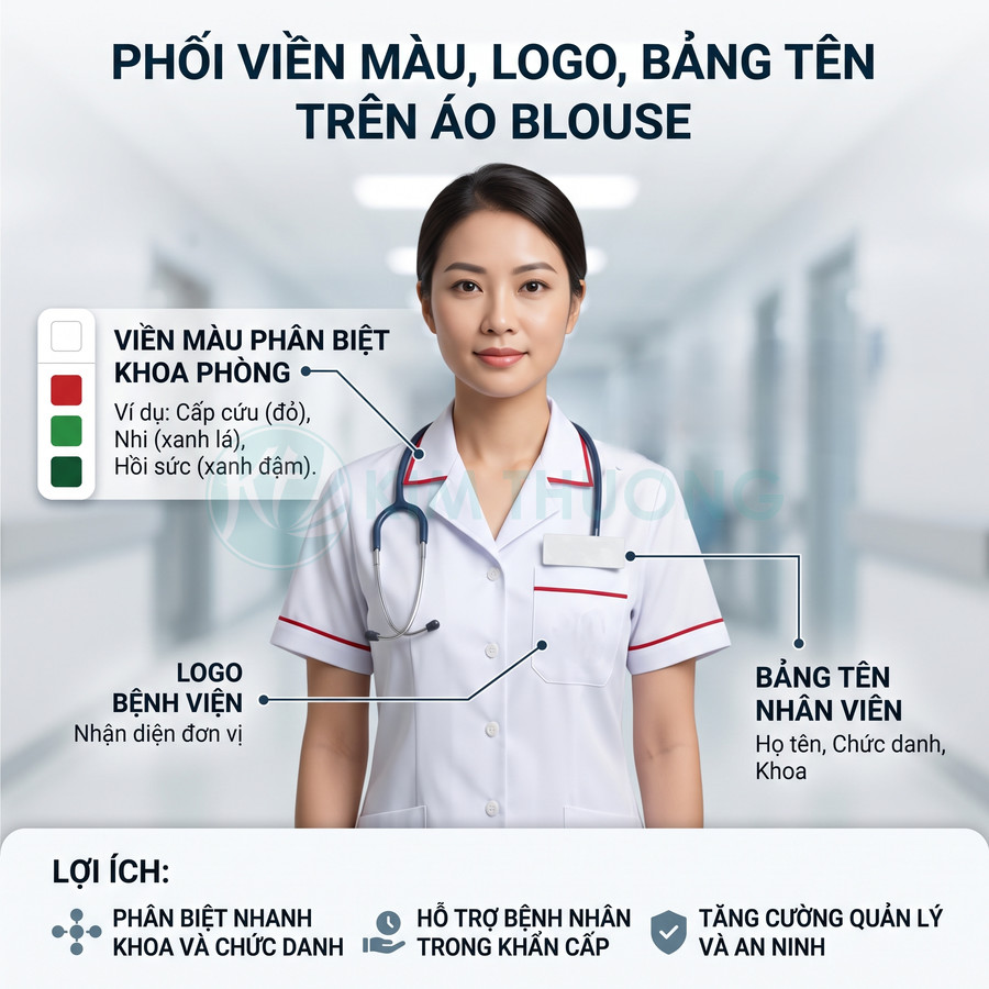 Áo blouse y tá viền màu phân biệt khoa phòng, có logo bệnh viện và bảng tên nhân viên trong hành lang bệnh viện
