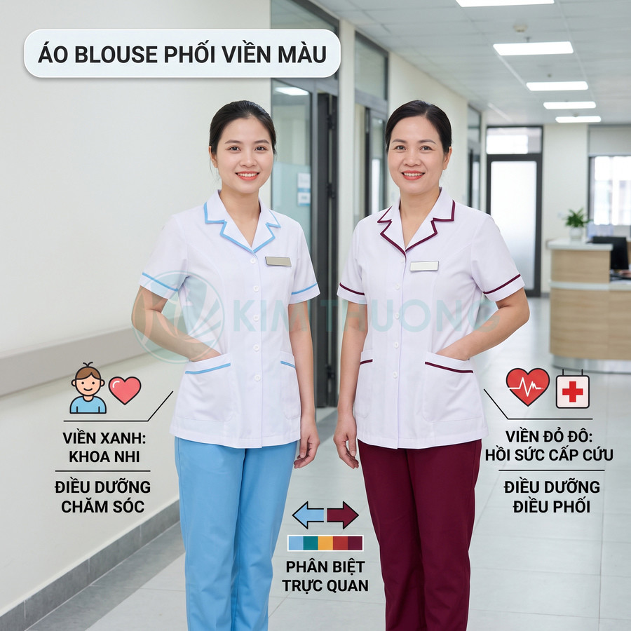 Áo blouse y tá viền màu xanh và đỏ đô, đồng phục điều dưỡng bệnh viện cho các khoa khác nhau
