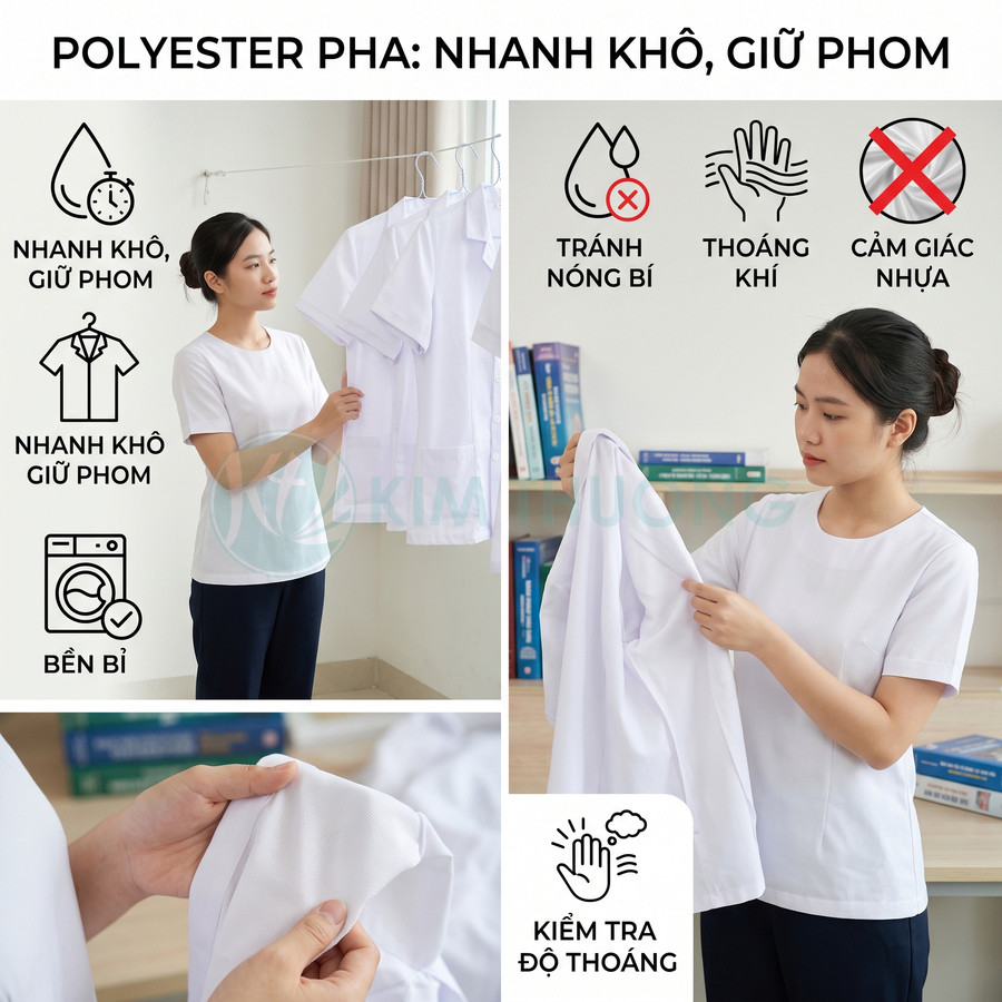 Đồng phục y tá vải polyester pha màu trắng nhanh khô, giữ phom, thoáng khí, tránh nóng bí