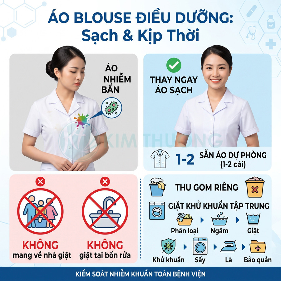 Áo blouse điều dưỡng trắng sạch sẽ trên nữ nhân viên y tế, hướng dẫn thay áo bẩn và giặt khử khuẩn đúng cách