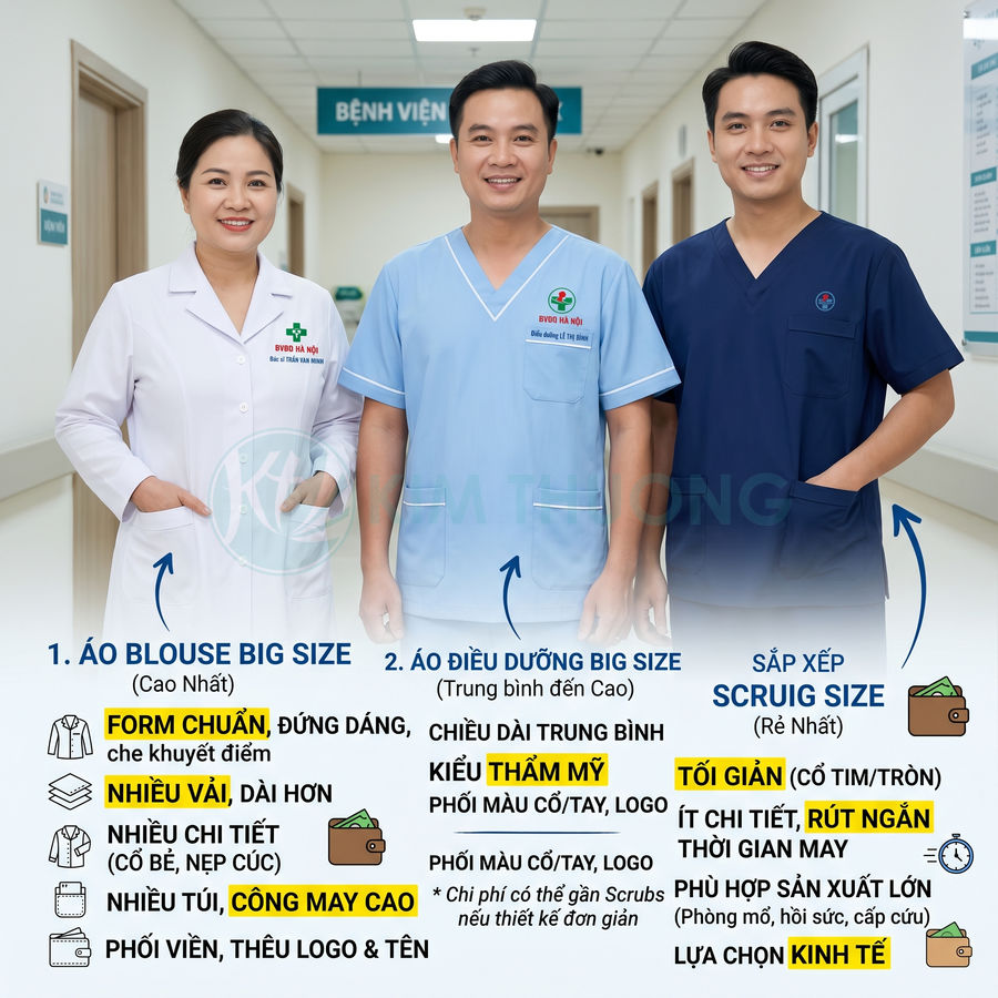 Bộ đồng phục y tế big size gồm áo blouse trắng và áo điều dưỡng xanh cho bác sĩ, y tá trong bệnh viện