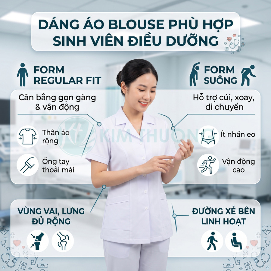 Nữ sinh viên điều dưỡng mặc áo blouse trắng form suông regular fit, tay ngắn, túi trước, đứng trong phòng khám