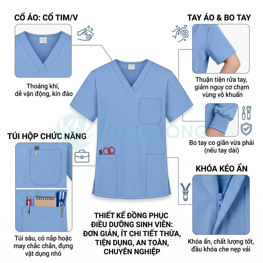 Đồng phục điều dưỡng sinh viên màu xanh cổ tim, tay ngắn, nhiều túi chức năng và khóa kéo ẩn tiện dụng