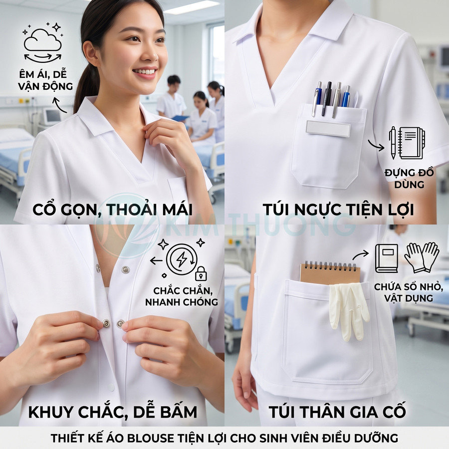 Áo blouse trắng cho sinh viên điều dưỡng với cổ gọn, khuy bấm chắc chắn và nhiều túi tiện lợi để đựng dụng cụ