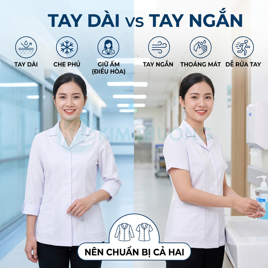 Đồng phục y tá tay dài và tay ngắn màu trắng trong bệnh viện, so sánh ưu điểm từng loại