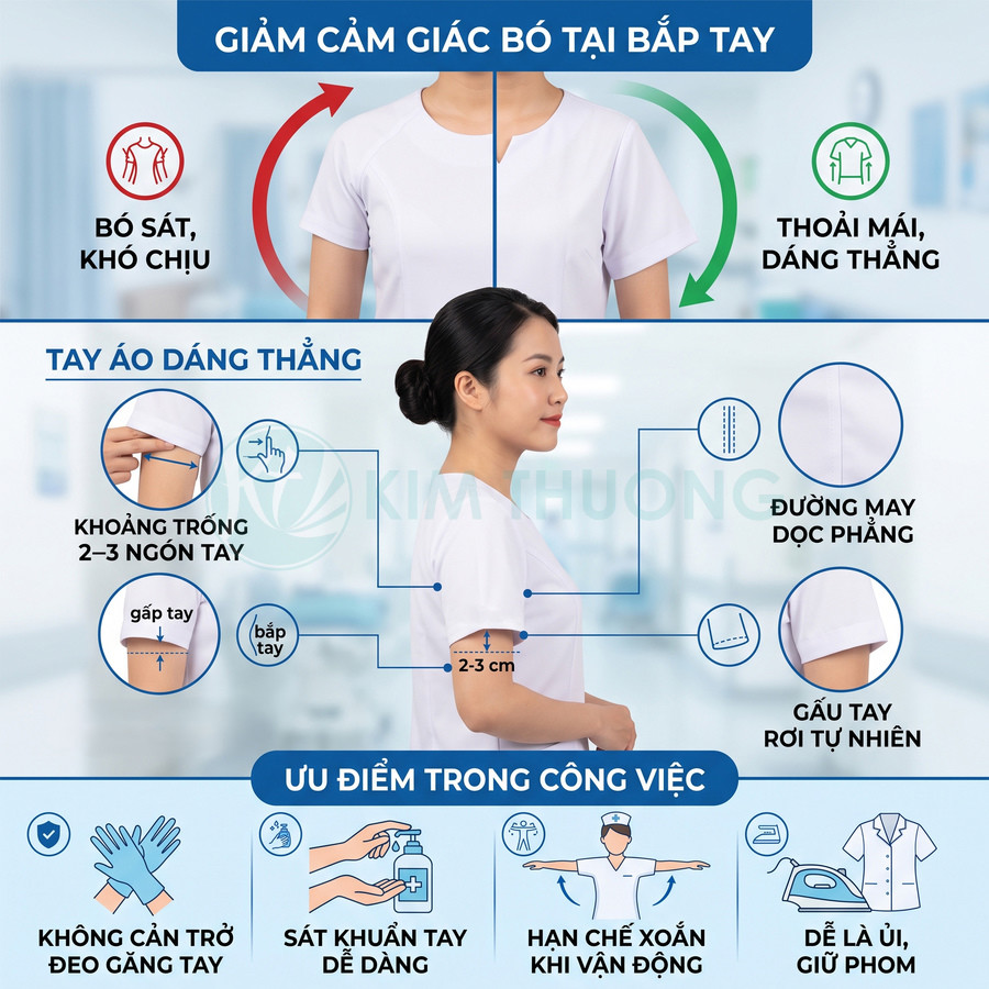 Đồng phục y tá tay áo dáng thẳng màu trắng, chất liệu thoải mái, dễ vận động và sát khuẩn tay thuận tiện