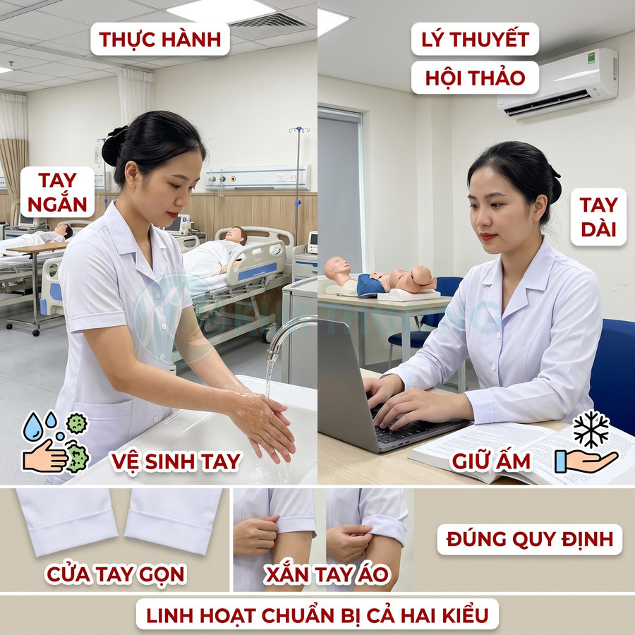 Áo blouse y tá tay ngắn và tay dài cho thực hành bệnh viện và học lý thuyết linh hoạt chuẩn quy định