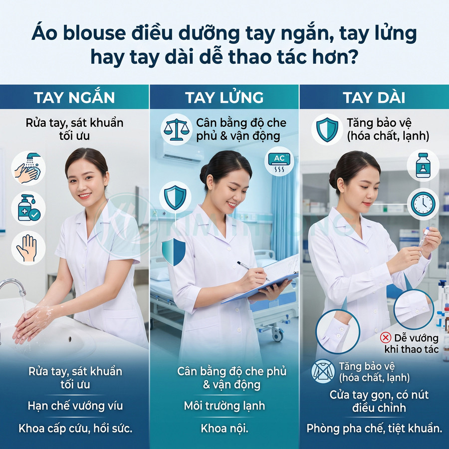 So sánh áo blouse điều dưỡng tay ngắn, tay lửng, tay dài và ưu điểm khi làm việc trong bệnh viện