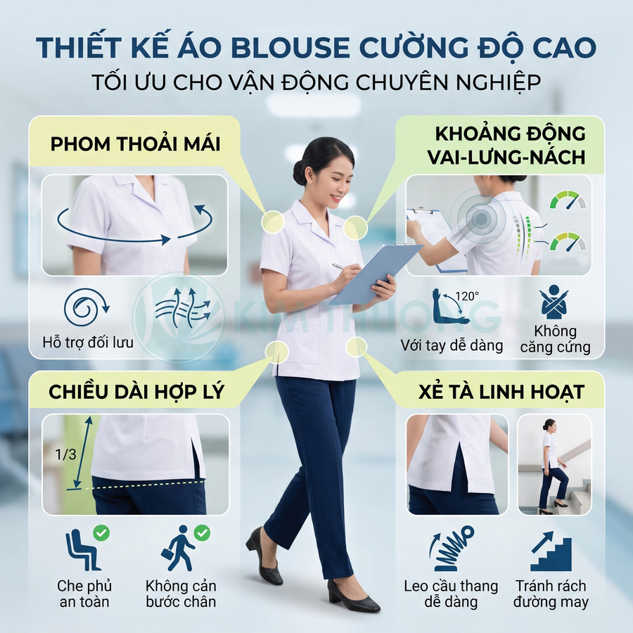 Áo blouse y tế nữ thiết kế thoải mái, chiều dài hợp lý, xẻ tà linh hoạt hỗ trợ vận động chuyên nghiệp