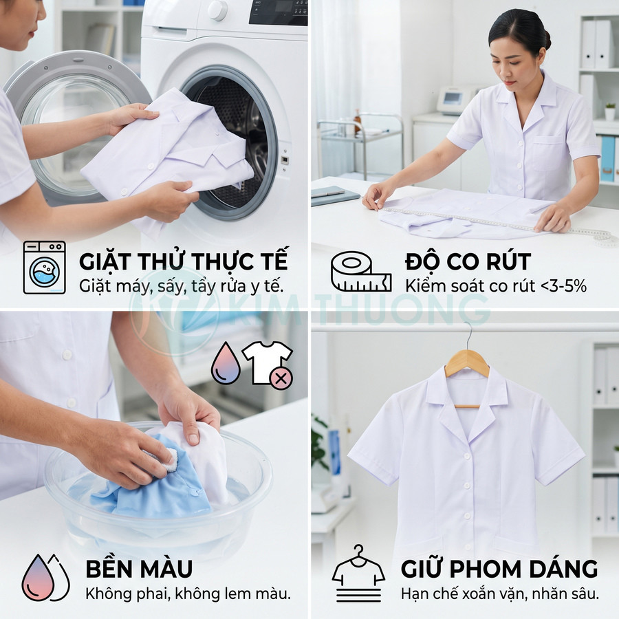 Đồng phục y tá màu trắng bền màu, ít co rút, giữ phom dáng tốt khi giặt máy và giặt tay