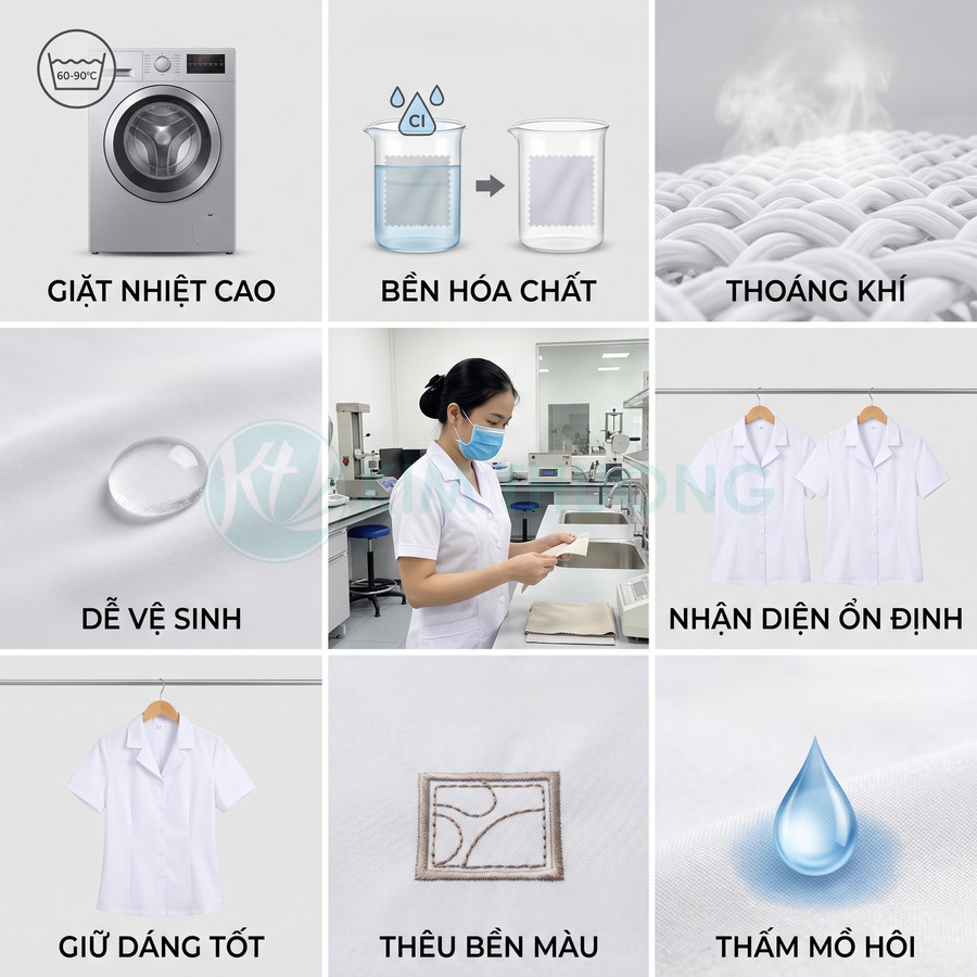 Áo blouse y tế trắng chất liệu thoáng khí, bền hóa chất, dễ vệ sinh, giữ dáng tốt, thấm mồ hôi, thêu bền màu