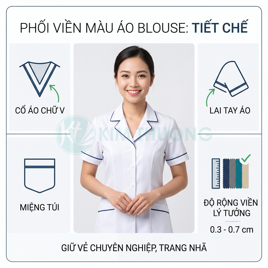 Áo blouse y tá trắng phối viền xanh navy ở cổ chữ V, tay áo và miệng túi, phong cách chuyên nghiệp trang nhã