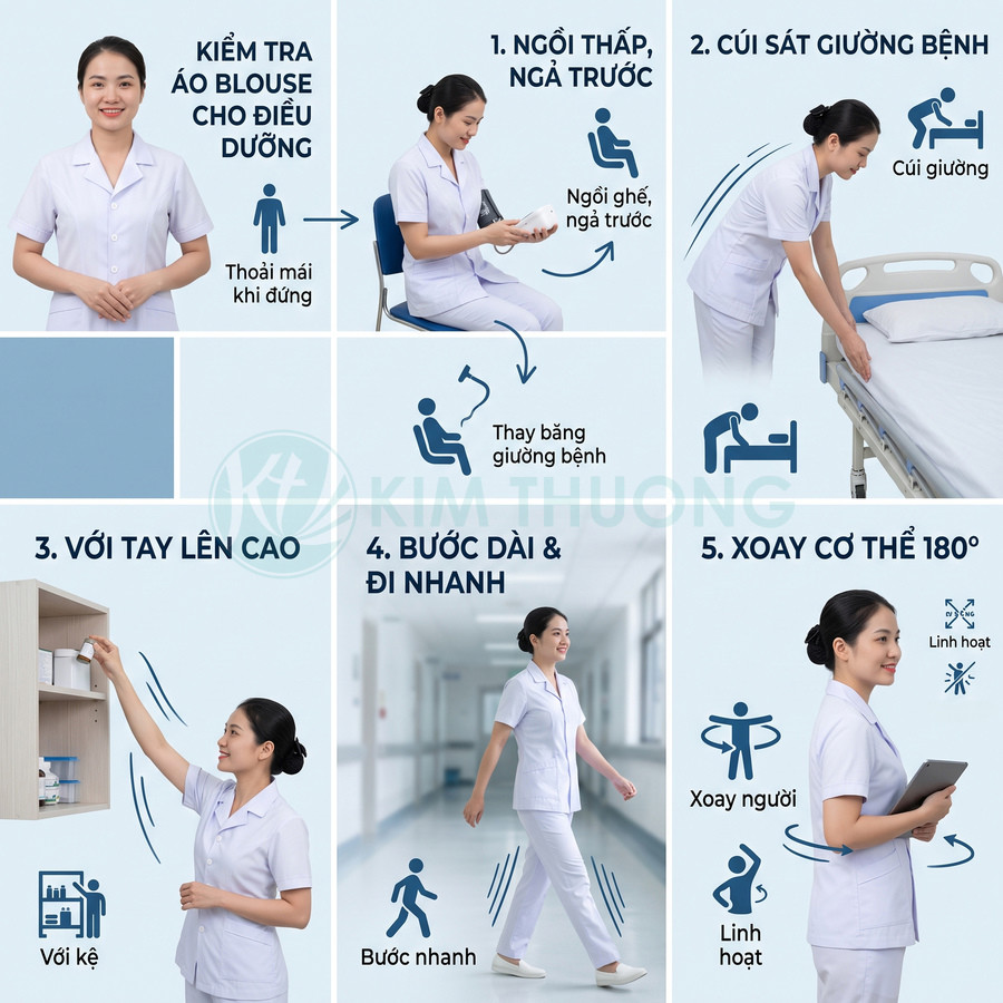 Điều dưỡng mặc áo blouse trắng thực hiện các tư thế vận động linh hoạt trong bệnh viện