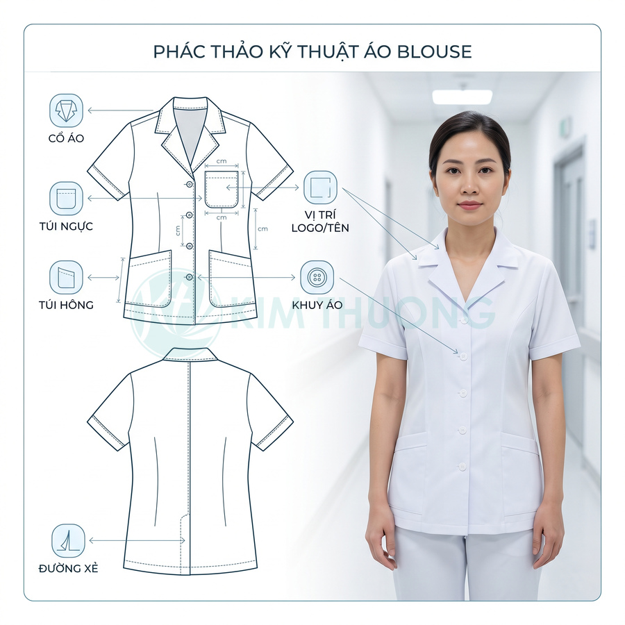 Mẫu áo blouse y tá màu trắng tay ngắn với túi ngực, túi hông và vị trí thêu logo tên