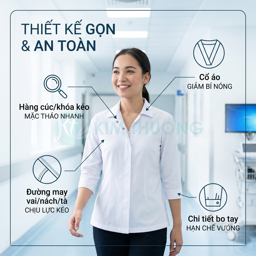 Áo blouse y tá nữ tay lửng màu trắng thiết kế gọn an toàn với cổ mát, khóa kéo và đường may chắc chắn